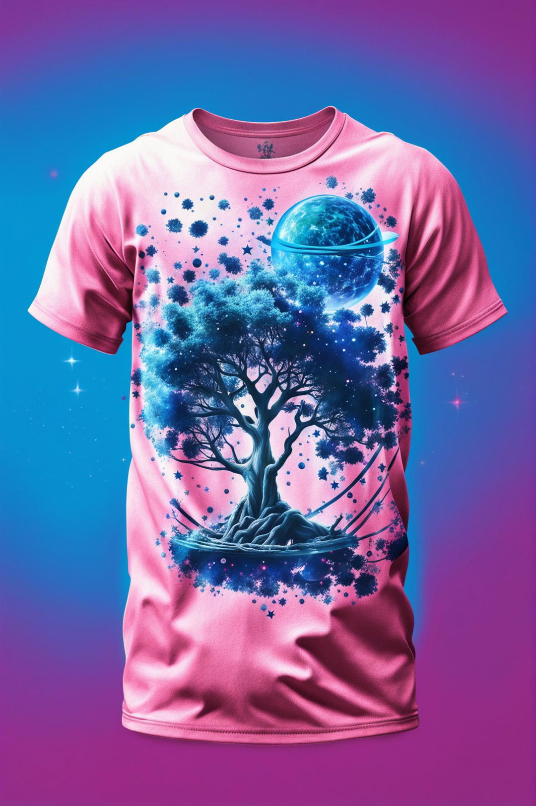 A high-quality digital art image of a bubblegum pink graphic tee with a cosmic tree print