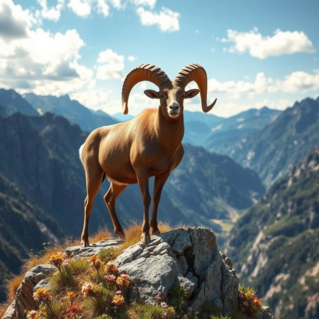 A majestic ram standing atop a rocky cliff, showcasing its impressive curved horns and muscular build