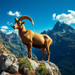 A majestic ram standing atop a rocky cliff, showcasing its impressive curved horns and muscular build