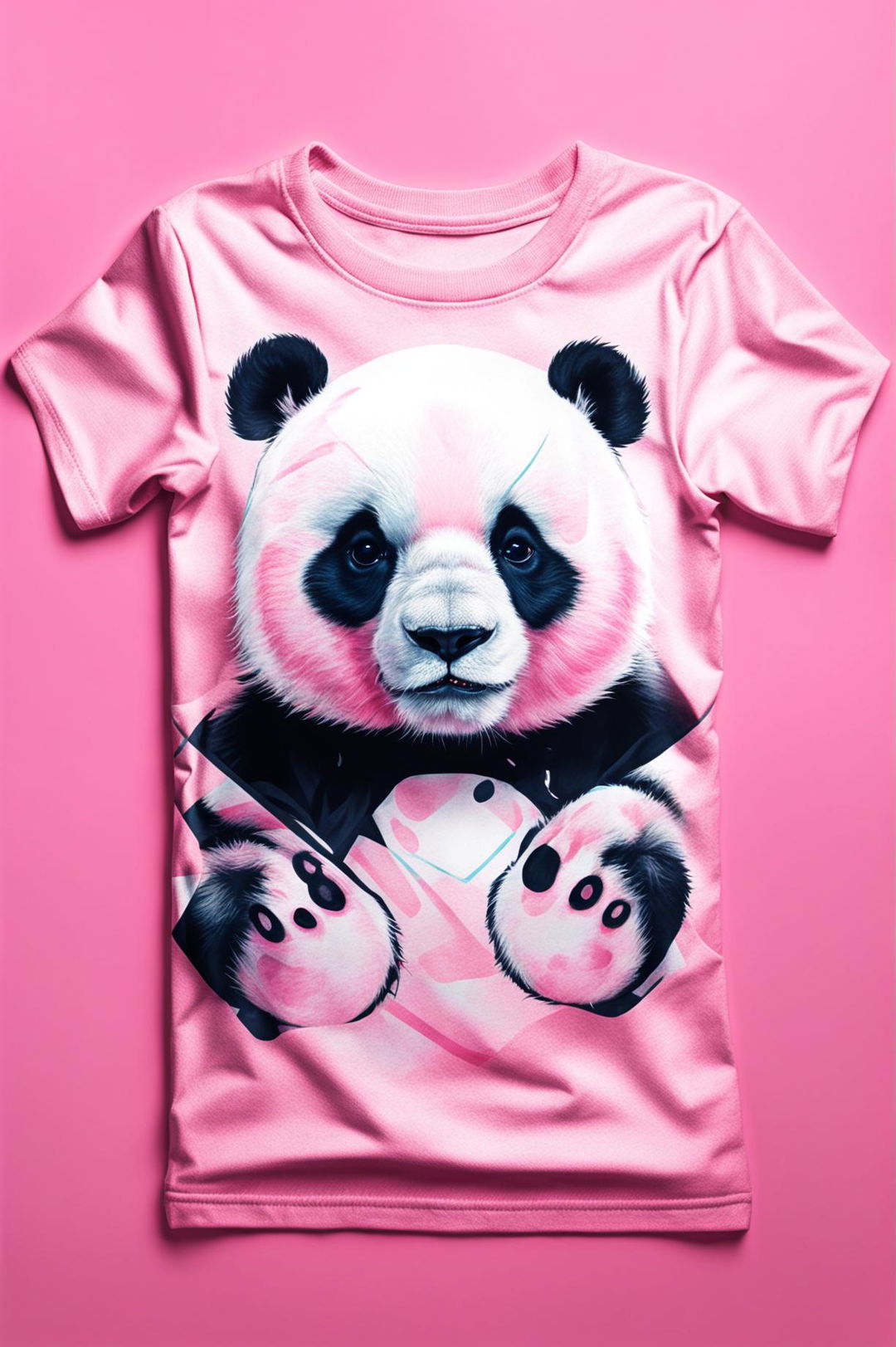 A high-quality digital art image of a bubblegum pink graphic tee with a minimal panda print