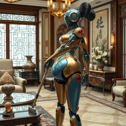 An Asian robot girl, resembling a woman with large breasts, a slim waist, and a curvy backside