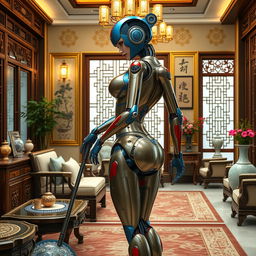 An Asian robot girl, resembling a woman with large breasts, a slim waist, and a curvy backside