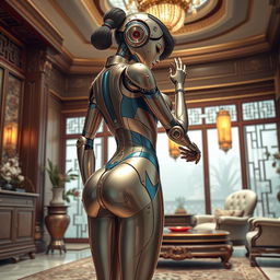 An Asian robot girl with an alluring figure, featuring large breasts, a small waist, and a curvy backside