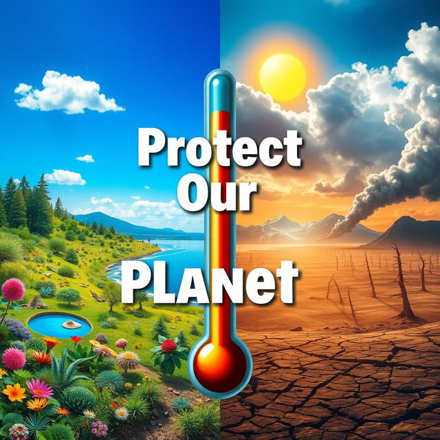 An impactful and visually striking poster illustrating the effects of global warming: the scene features a split landscape; on the left side, a vibrant, lush environment with diverse flora and fauna, a clear blue sky, and a serene lake, while on the right side, a stark contrast shows a barren wasteland with cracked earth, dead trees, and a polluted, smoky sky