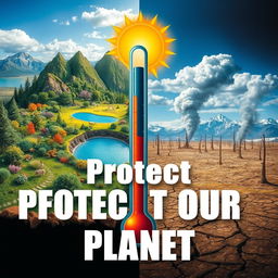 An impactful and visually striking poster illustrating the effects of global warming: the scene features a split landscape; on the left side, a vibrant, lush environment with diverse flora and fauna, a clear blue sky, and a serene lake, while on the right side, a stark contrast shows a barren wasteland with cracked earth, dead trees, and a polluted, smoky sky
