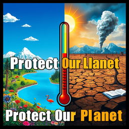 An impactful and visually striking poster illustrating the effects of global warming: the scene features a split landscape; on the left side, a vibrant, lush environment with diverse flora and fauna, a clear blue sky, and a serene lake, while on the right side, a stark contrast shows a barren wasteland with cracked earth, dead trees, and a polluted, smoky sky