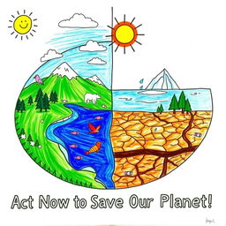 A visually striking poster drawing illustrating the effects of global warming