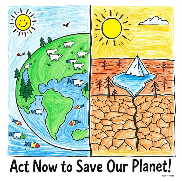 A visually striking poster drawing illustrating the effects of global warming