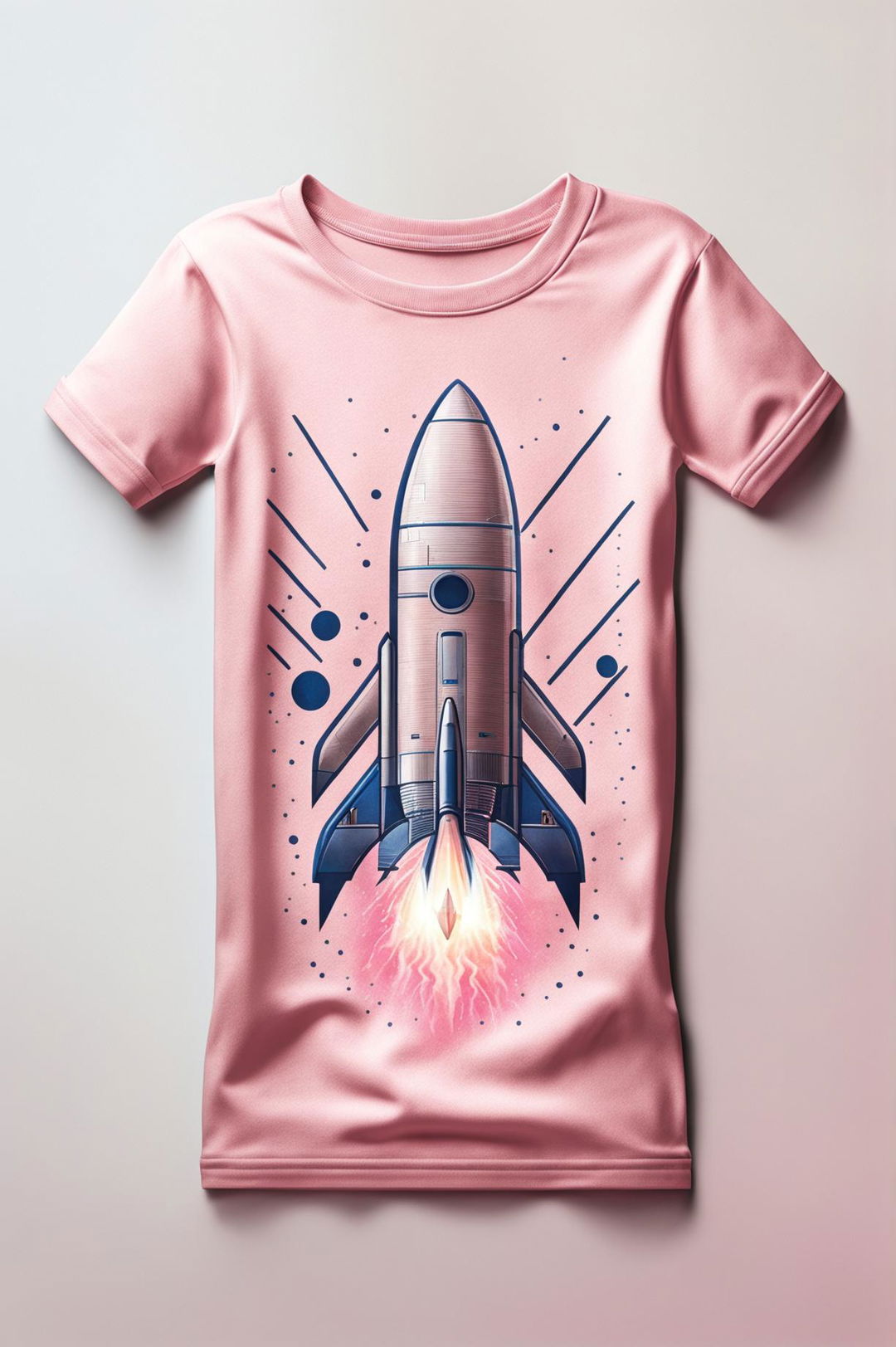 A high-quality digital art image of a light pink graphic tee with a minimal rocketship design