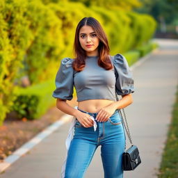 A young individual standing outdoors in a confident pose, styled in a fashionable and alluring way