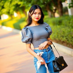 A young individual standing outdoors in a confident pose, styled in a fashionable and alluring way