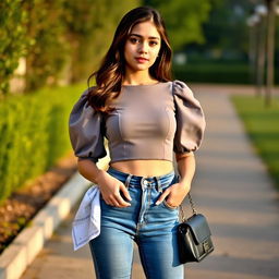 A young individual standing outdoors in a confident pose, styled in a fashionable and alluring way