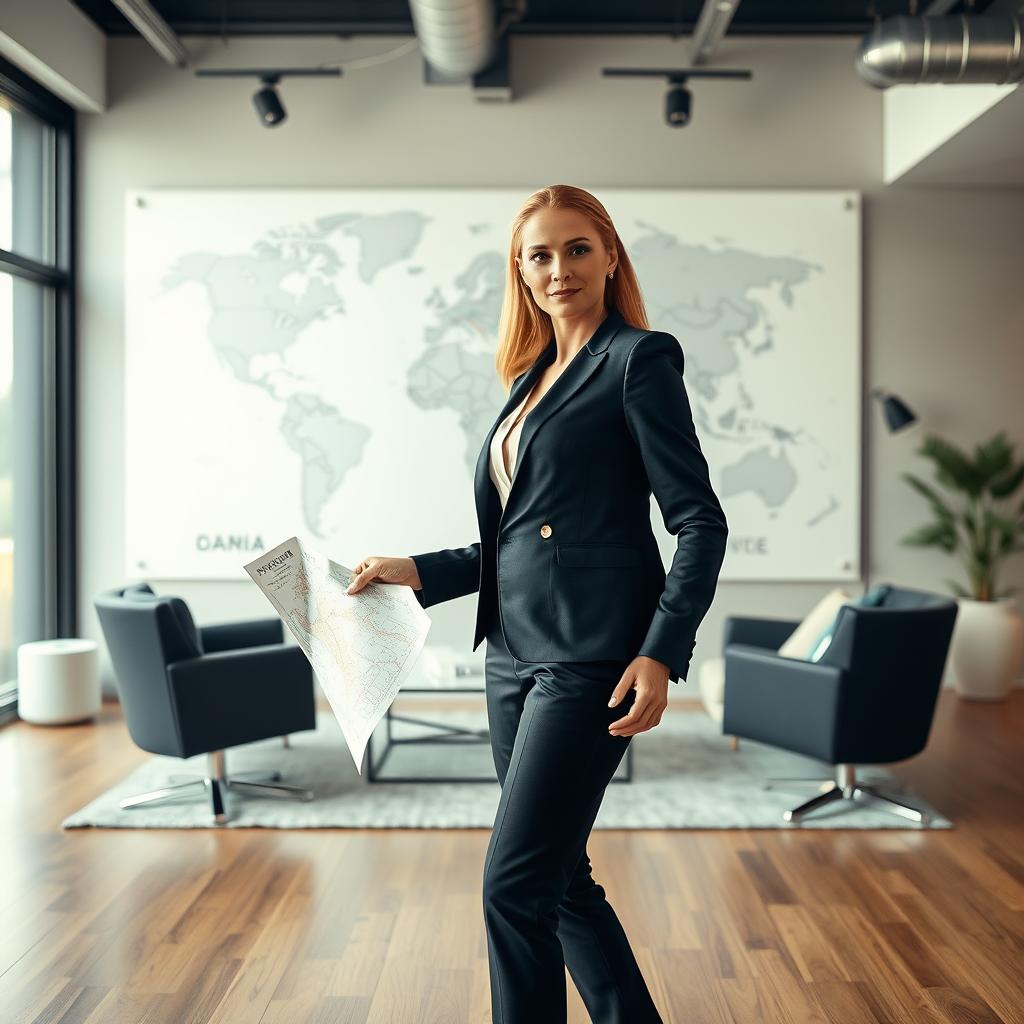 An elegant female manager in a stylish office studio, confidently holding a large map in her hand