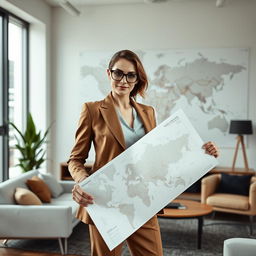 An elegant female manager in a stylish office studio, confidently holding a large map in her hand
