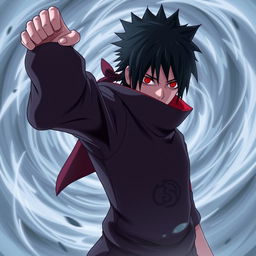 A dynamic and dramatic portrayal of Obito Uchiha flexing his Sharingan, showcasing intense emotions on his face