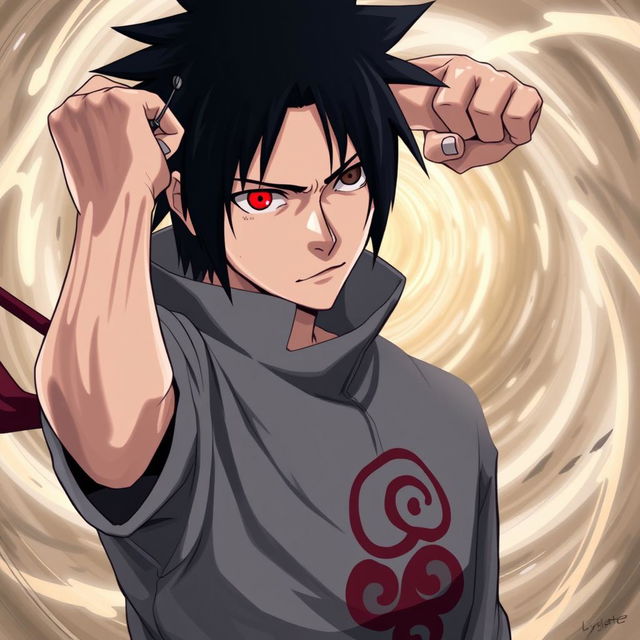 A dynamic and dramatic portrayal of Obito Uchiha flexing his Sharingan, showcasing intense emotions on his face