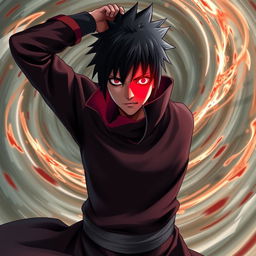 A dynamic and dramatic portrayal of Obito Uchiha flexing his Sharingan, showcasing intense emotions on his face