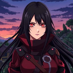 An adult female version of Obito Uchiha, showcasing her mystical Sharingan eyes, with long dark hair flowing elegantly