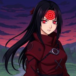 An adult female version of Obito Uchiha, showcasing her mystical Sharingan eyes, with long dark hair flowing elegantly