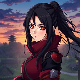 An adult female version of Obito Uchiha, showcasing her mystical Sharingan eyes, with long dark hair flowing elegantly