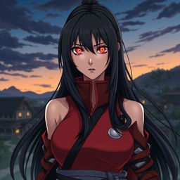 An adult female version of Obito Uchiha, showcasing her mystical Sharingan eyes, with long dark hair flowing elegantly