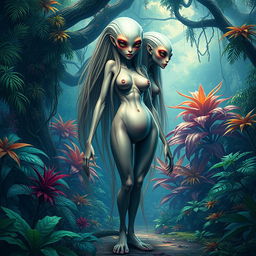 An extraordinary alien woman from another planet with three heads and long hair, boasting large breasts, a tiny waist, and a very large butt
