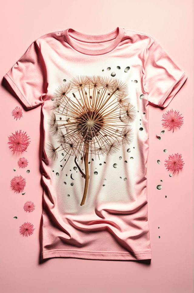 A high-quality digital art image of a light pink graphic tee with a delicate dandelion print