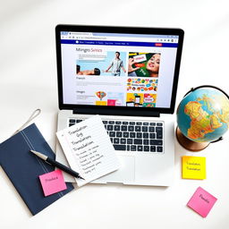 A flat lay image showcasing vibrant and enticing gig images for a Fiverr translator service
