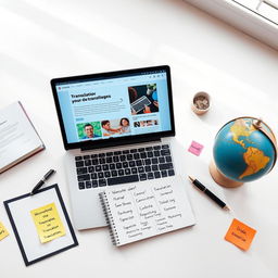 A flat lay image showcasing vibrant and enticing gig images for a Fiverr translator service