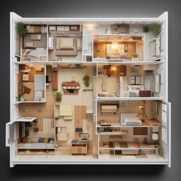 A detailed blueprint of an architecturally sound three-bedroom set, utilizing space efficiently and designating areas for furniture placement.