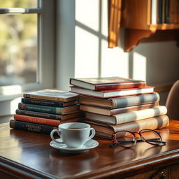 A beautiful stack of vintage and modern books on a polished wooden table, sunlight streaming in through a nearby window, casting gentle shadows