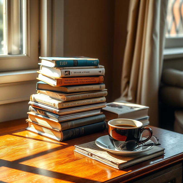 A beautiful stack of vintage and modern books on a polished wooden table, sunlight streaming in through a nearby window, casting gentle shadows