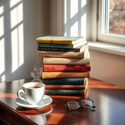 A beautiful stack of vintage and modern books on a polished wooden table, sunlight streaming in through a nearby window, casting gentle shadows