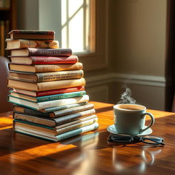 A beautiful stack of vintage and modern books on a polished wooden table, sunlight streaming in through a nearby window, casting gentle shadows