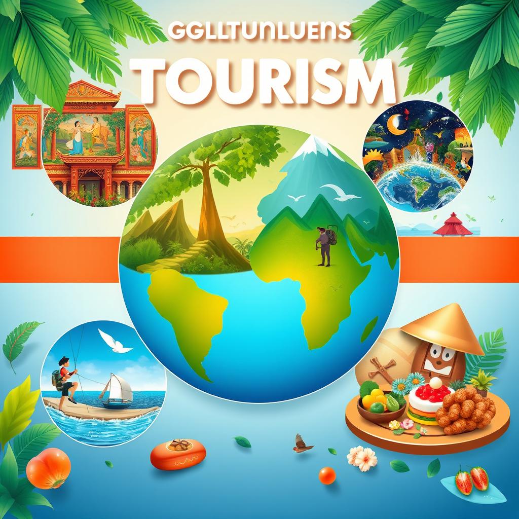 An artistic representation featuring five distinct components of tourism, visually engaging and vibrant