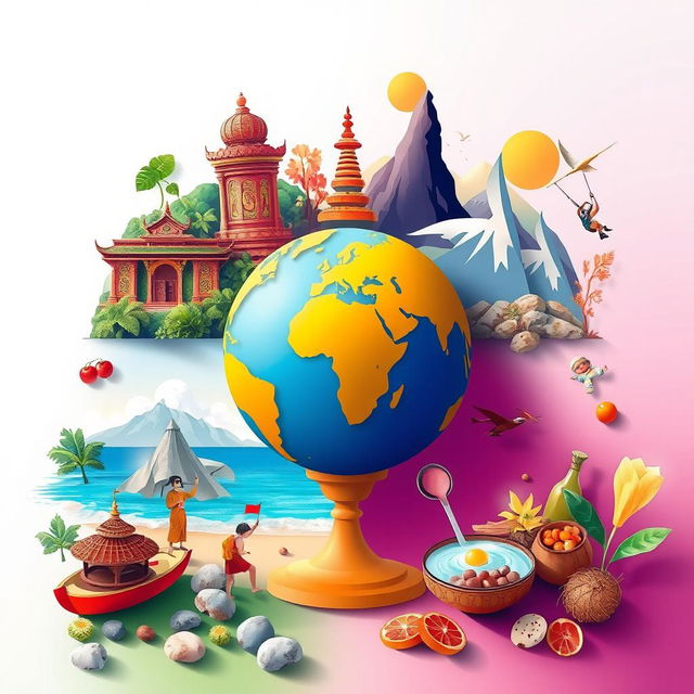 An artistic representation featuring five distinct components of tourism, visually engaging and vibrant