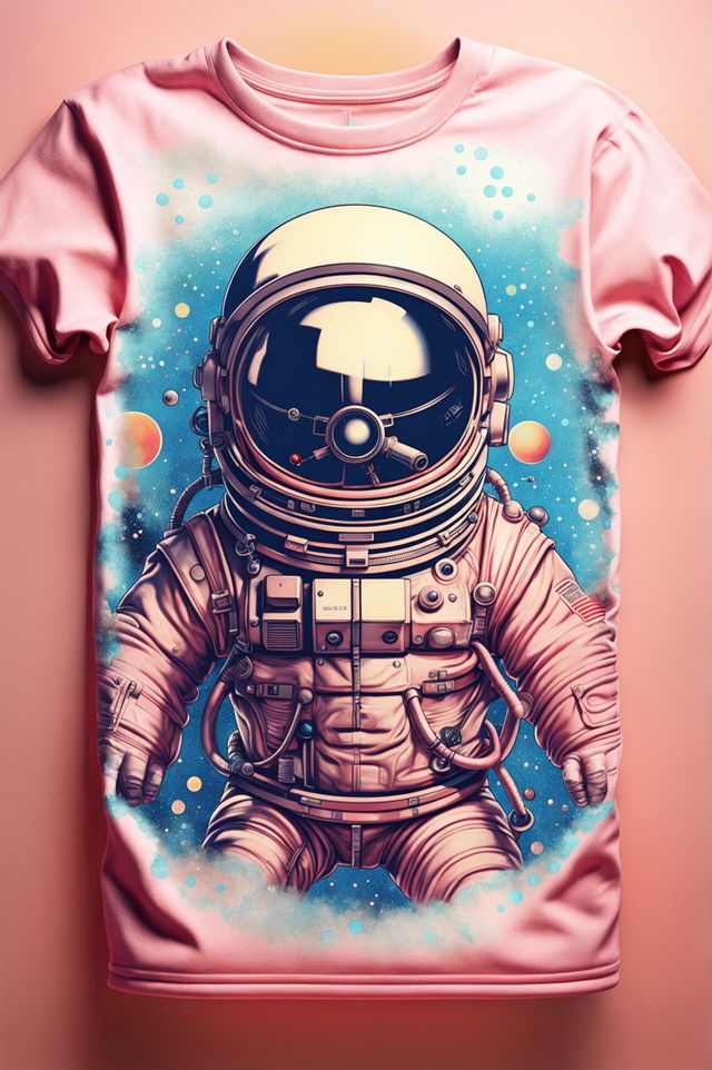 A high-quality digital art image of a light pink graphic tee with a retro sci-fi astronaut print