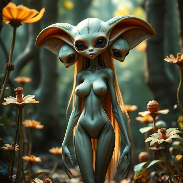 A beautiful alien girl from outer space, with a strange and exotic face featuring large round eyes and long pointed ears