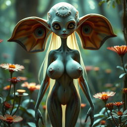 A beautiful alien girl from outer space, with a strange and exotic face featuring large round eyes and long pointed ears