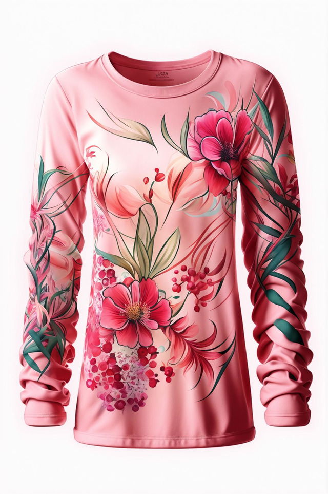 A high-quality digital art image of a light pink long sleeve graphic tee with a floral print