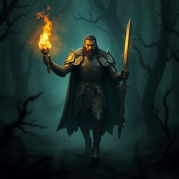 A fearless king walking through a dark and eerie forest at night, confidently holding a flaming torch in one hand and a gleaming sword in the other