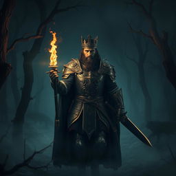 A fearless king walking through a dark and eerie forest at night, confidently holding a flaming torch in one hand and a gleaming sword in the other
