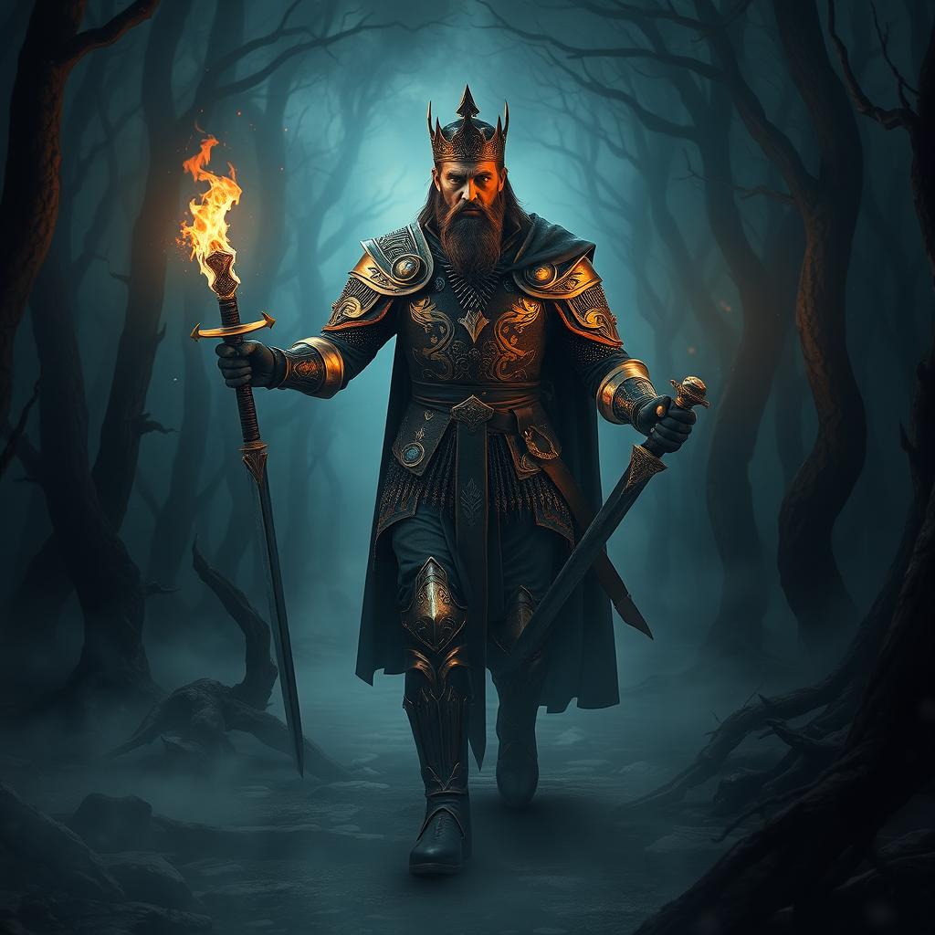 A fearless king walking through a dark and eerie forest at night, confidently holding a flaming torch in one hand and a gleaming sword in the other