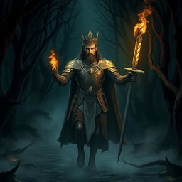 A fearless king walking through a dark and eerie forest at night, confidently holding a flaming torch in one hand and a gleaming sword in the other