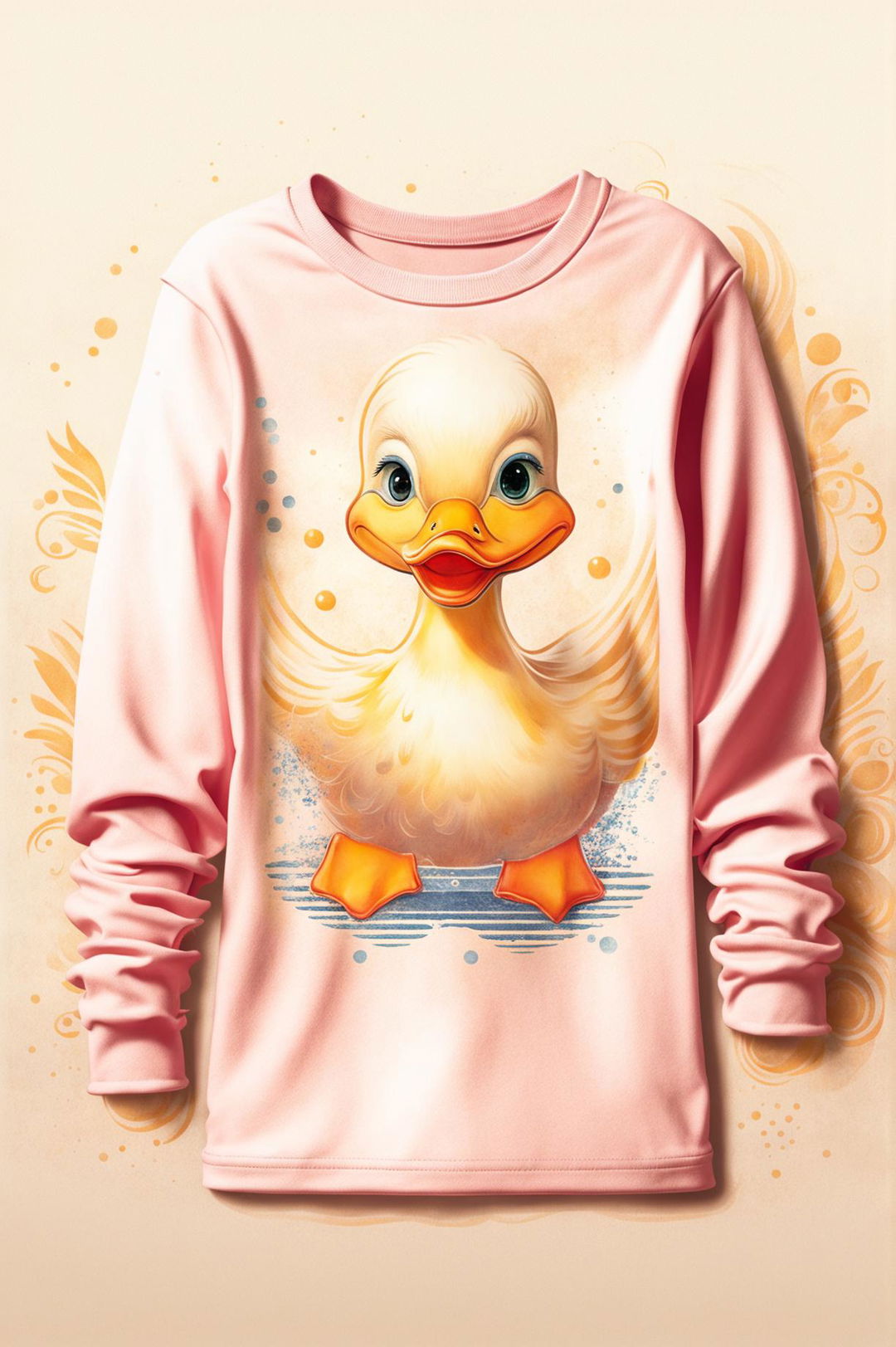 A high-quality digital art image of a light pink long sleeve graphic tee with a vintage duck print