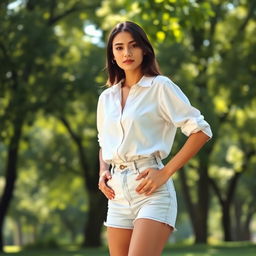 A young woman standing confidently in a sunlit park, dressed in a casual yet chic outfit