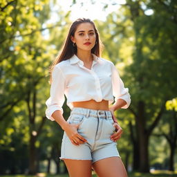 A young woman standing confidently in a sunlit park, dressed in a casual yet chic outfit