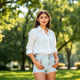 A young woman standing confidently in a sunlit park, dressed in a casual yet chic outfit
