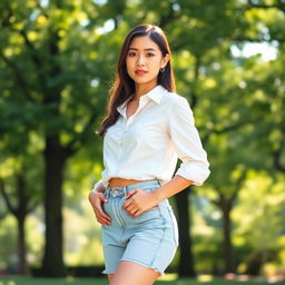 A young woman standing confidently in a sunlit park, dressed in a casual yet chic outfit