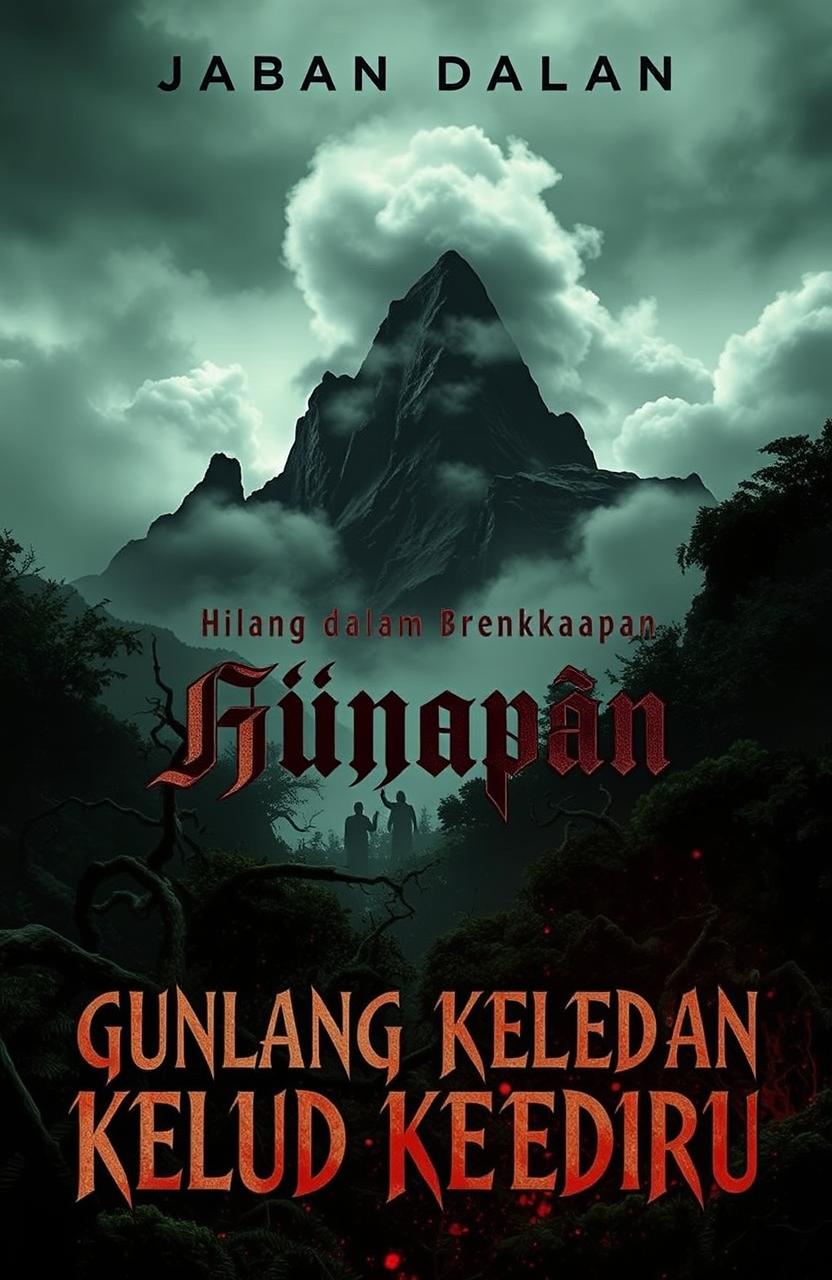 A chilling book cover design for a horror novel titled 'Hilang dalam Dekapan Gunung Kelud Kediri'